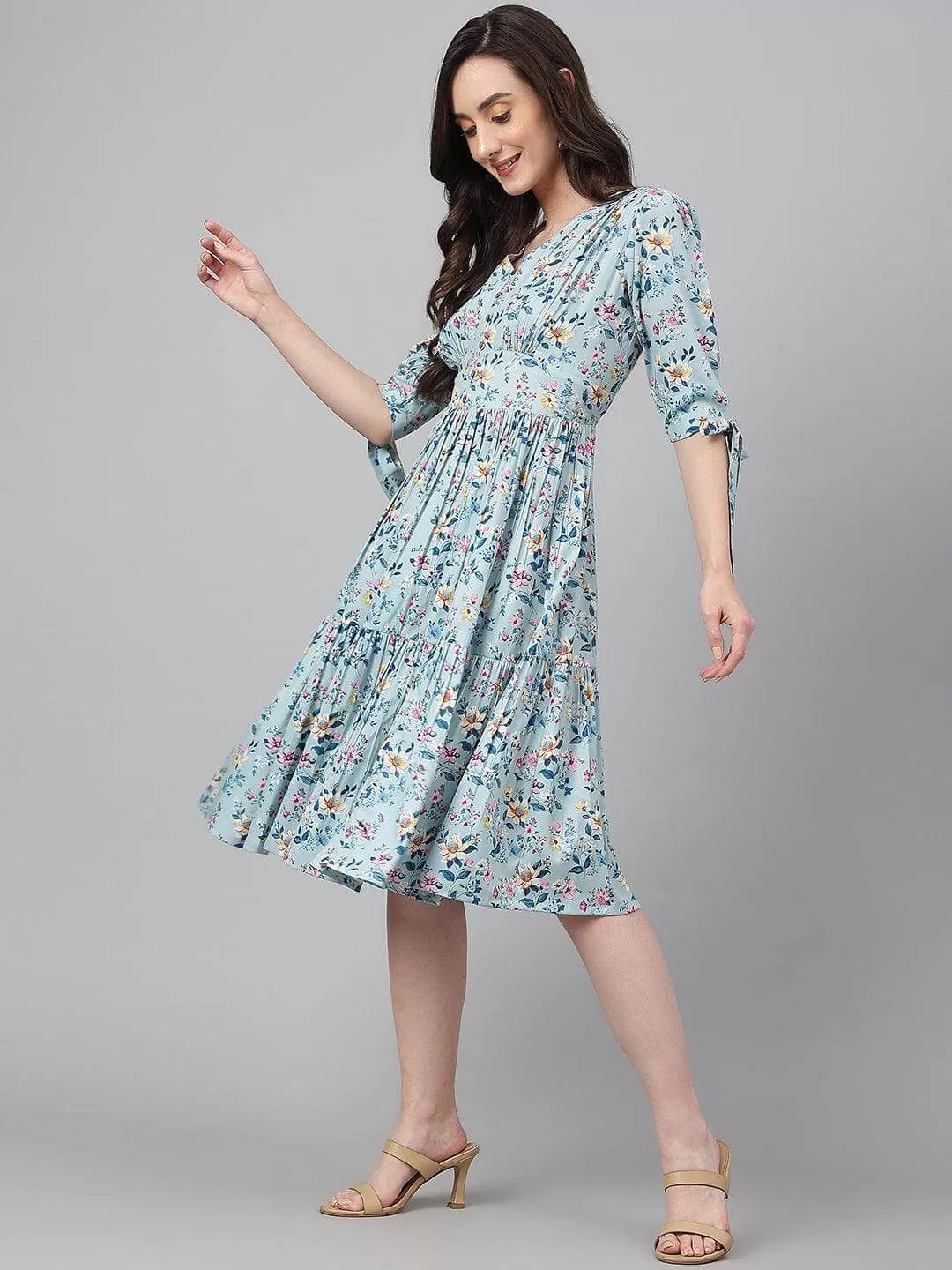 Blue Crepe Digital Print Flared Western Dress