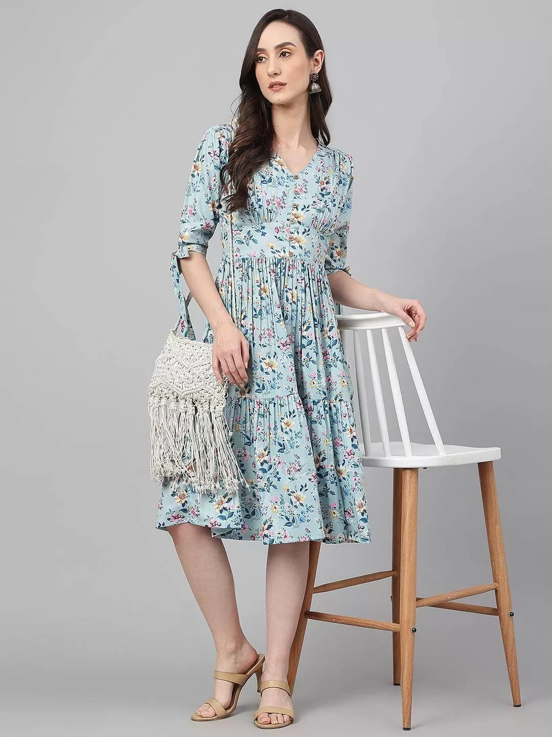 Blue Crepe Digital Print Flared Western Dress