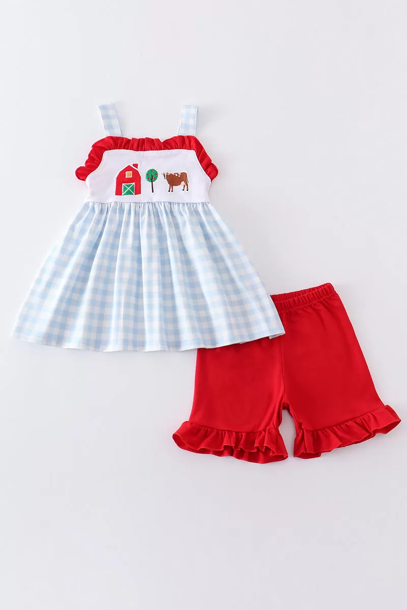 Blue plaid farm embroidery girl set