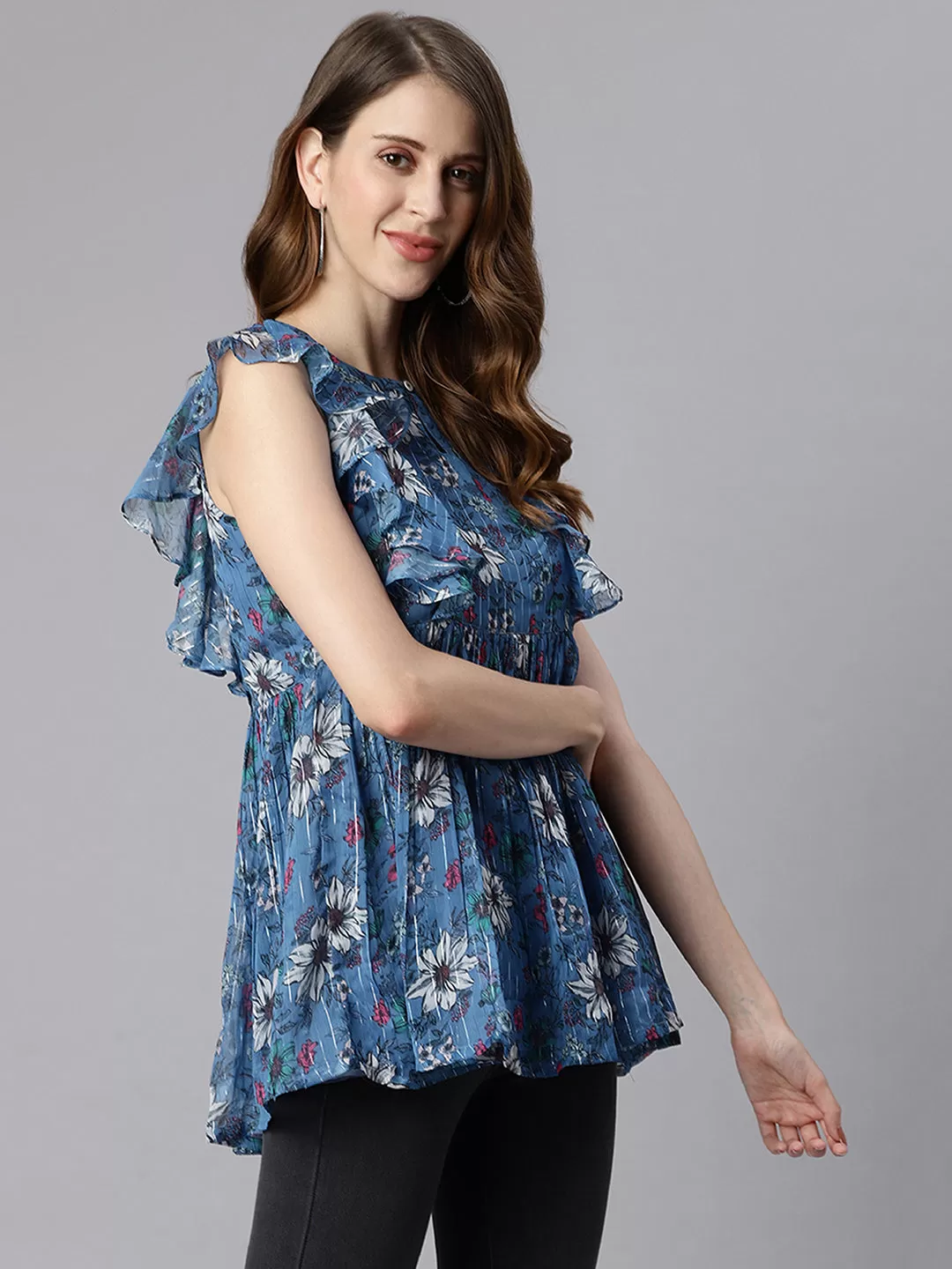 Blue Poly Georgette Floral Print Gathered Top