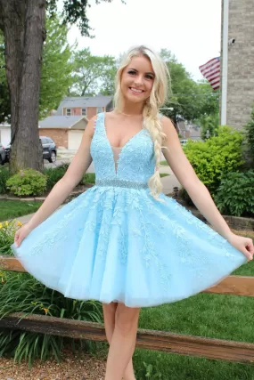 Blue tulle lace short prom dress, blue homecoming dress