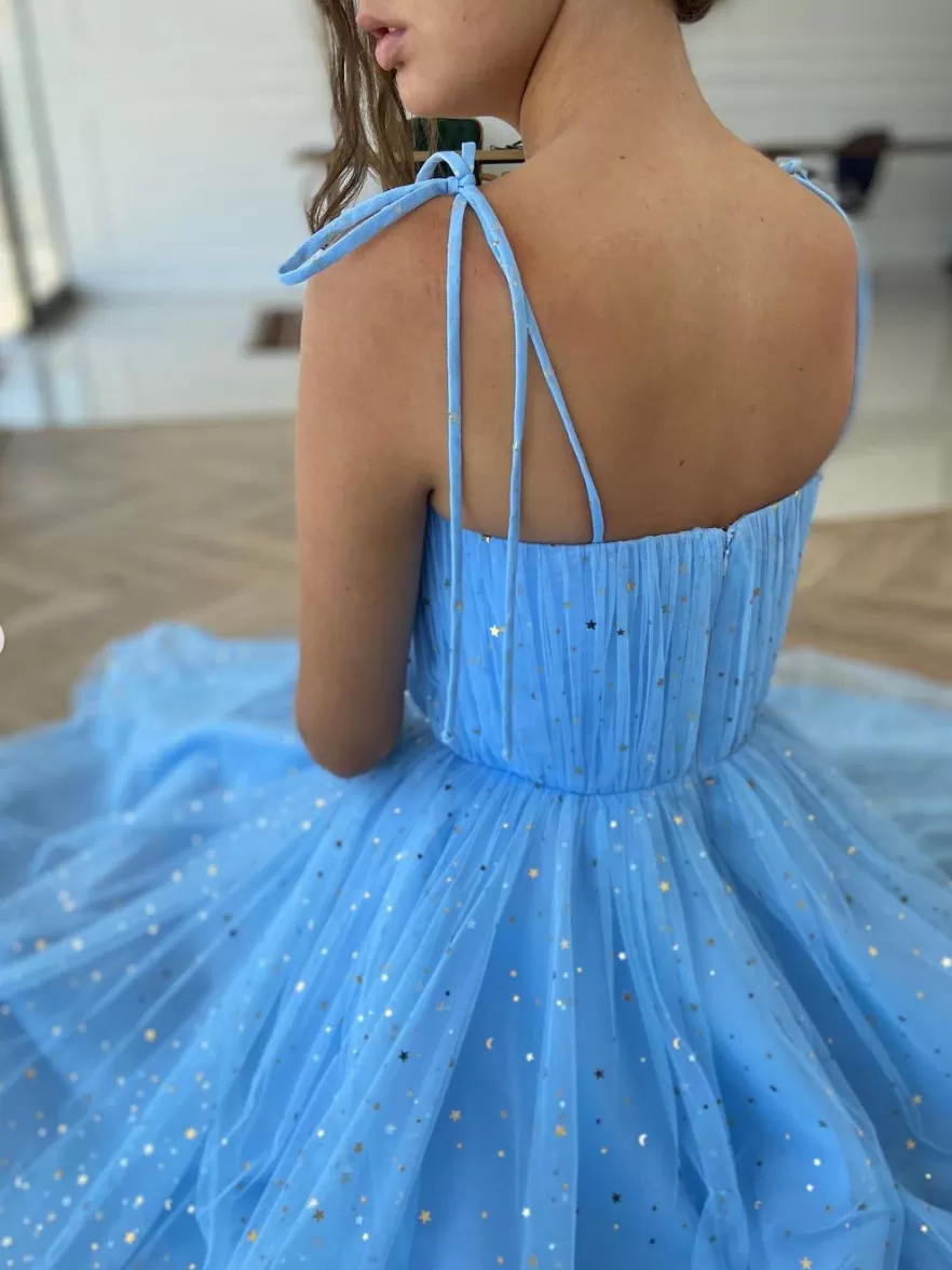 Blue tulle tea length prom dress, blue tulle formal dress