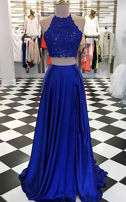 Blue two pieces long prom dress, blue evening dresses