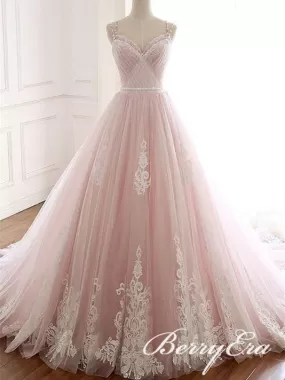 Blush Pink Lace Tulle Wedding Dresses, Beaded Wedding Dresses, Bridal Gown