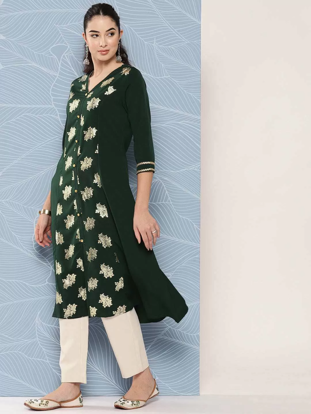 Bottle Green Crepe Foil Printed A-Line Kurta