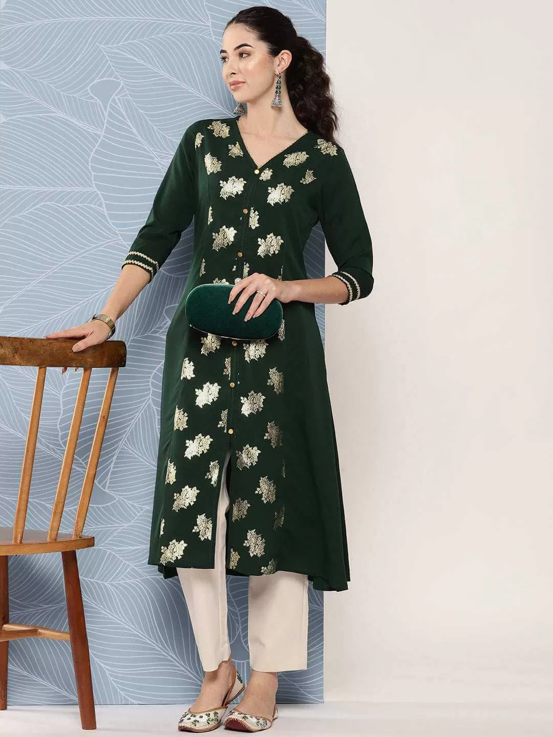 Bottle Green Crepe Foil Printed A-Line Kurta