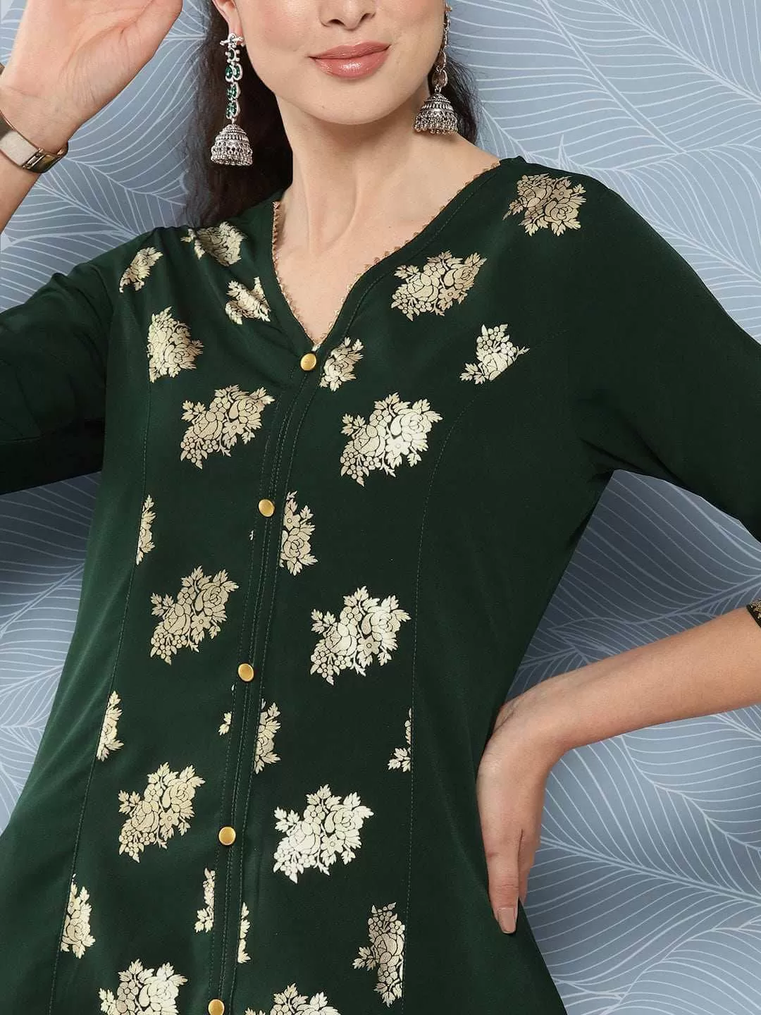 Bottle Green Crepe Foil Printed A-Line Kurta