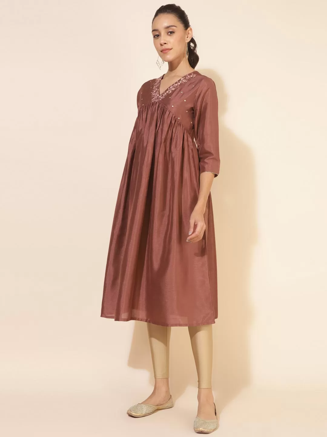 Brown Crepe Silk Embellished Empire Kurta