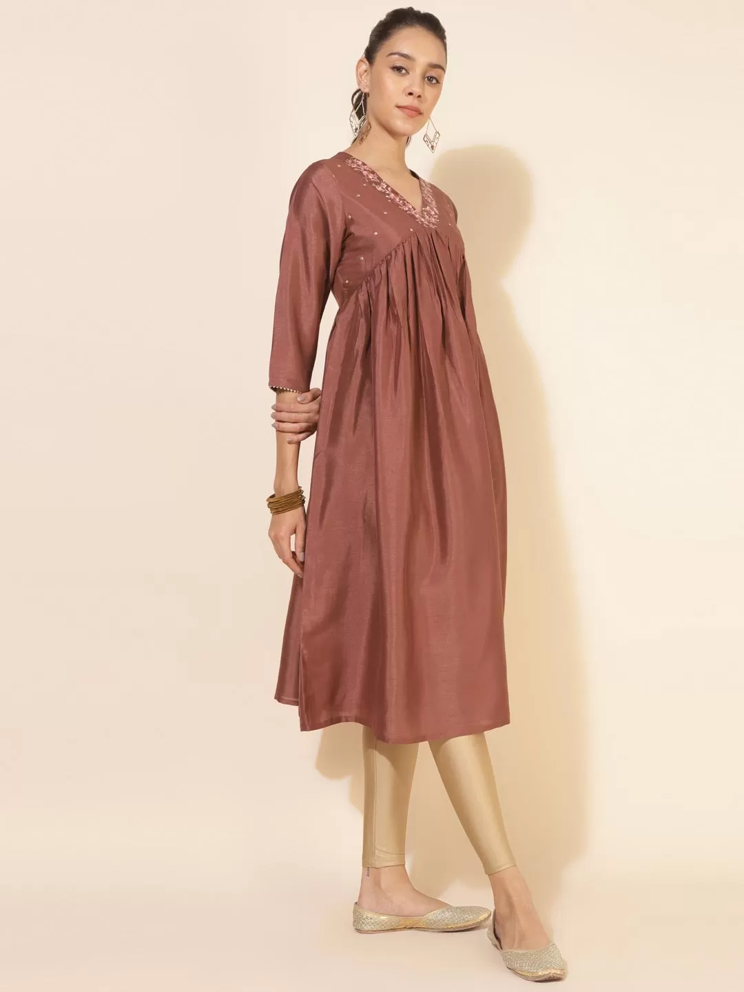 Brown Crepe Silk Embellished Empire Kurta