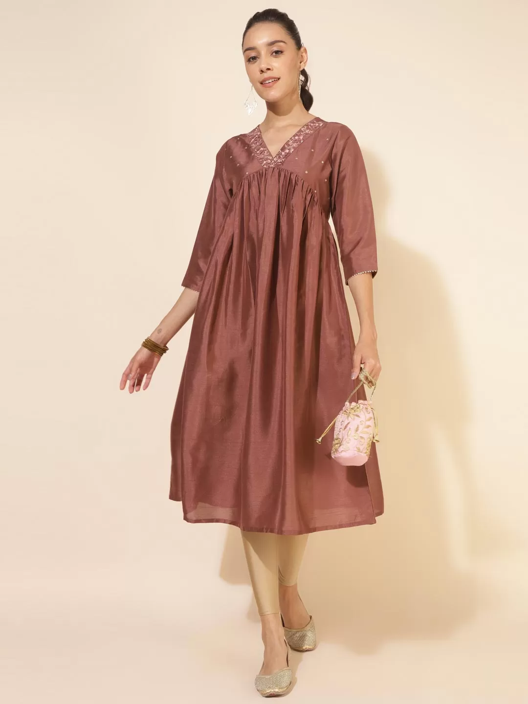 Brown Crepe Silk Embellished Empire Kurta