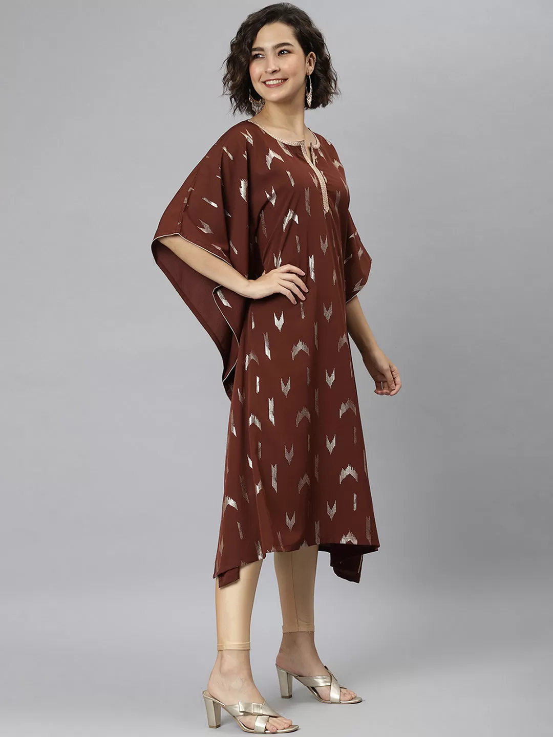 Brown Poly Crepe Geometric Print Kaftan Kurta