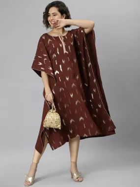 Brown Poly Crepe Geometric Print Kaftan Kurta