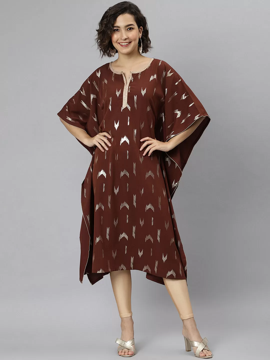 Brown Poly Crepe Geometric Print Kaftan Kurta