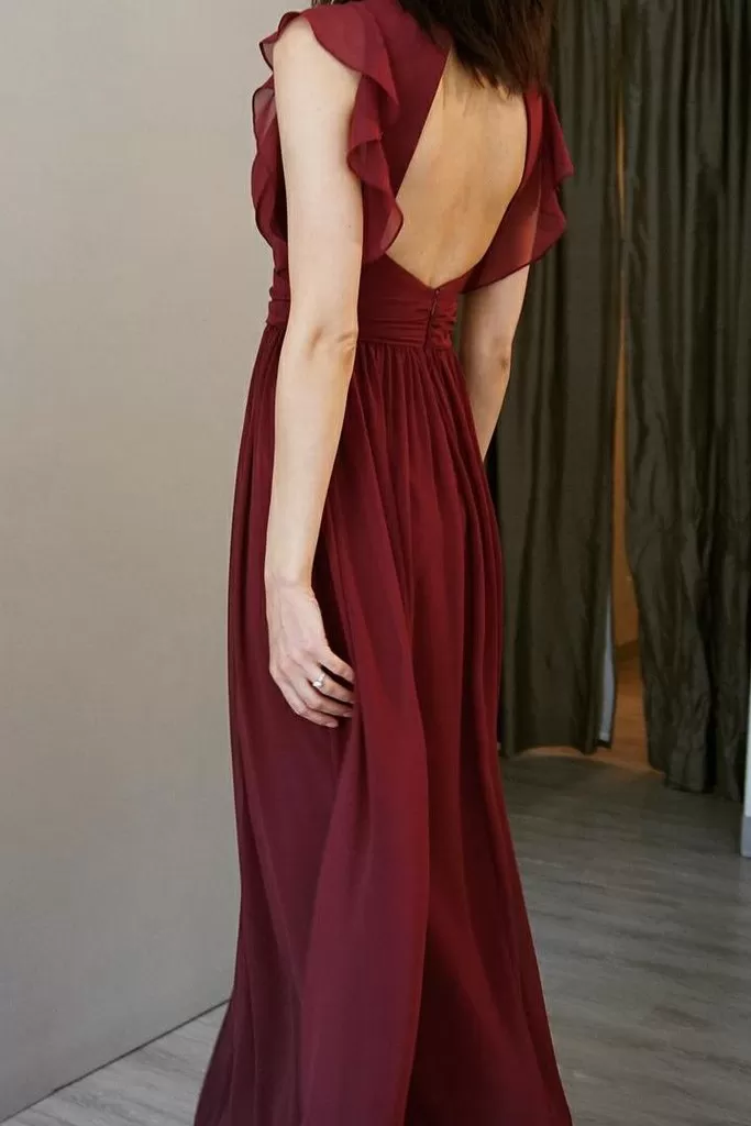 Cap Sleeves V-neck Long A-line Chiffon Bridesmaid Dresses