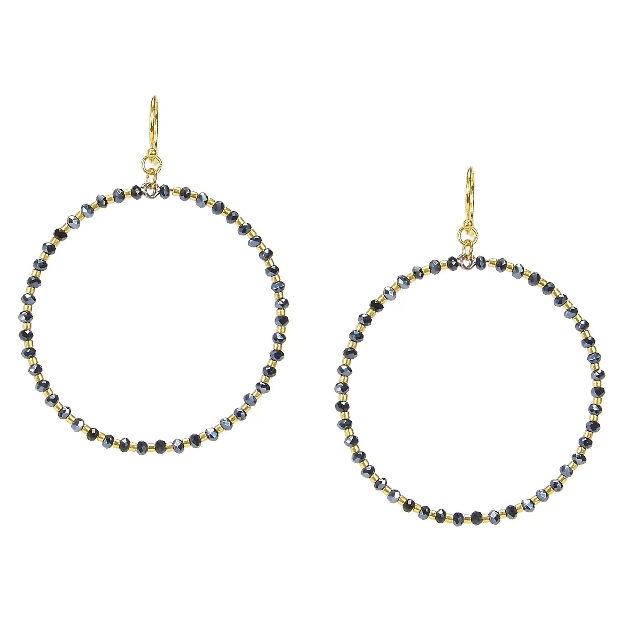 Chan Luu 2 Inch Gold Hoop Earrings in Midnight Crystal and Gold Seed Beads