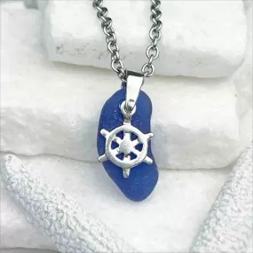 Cobalt Blue Sea Glass Pendant with Sterling Silver Ship's Wheel Charm | #5037