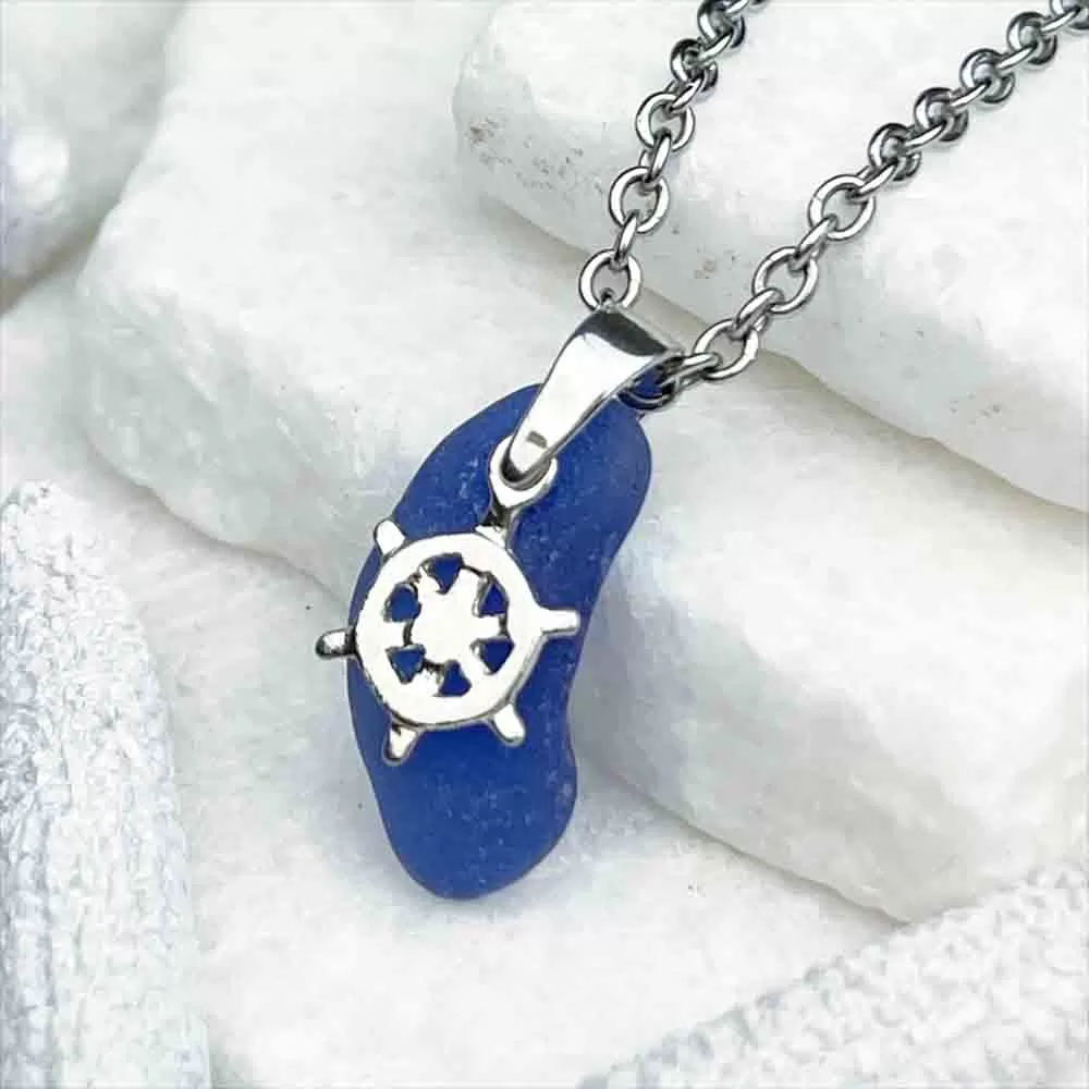 Cobalt Blue Sea Glass Pendant with Sterling Silver Ship's Wheel Charm | #5037