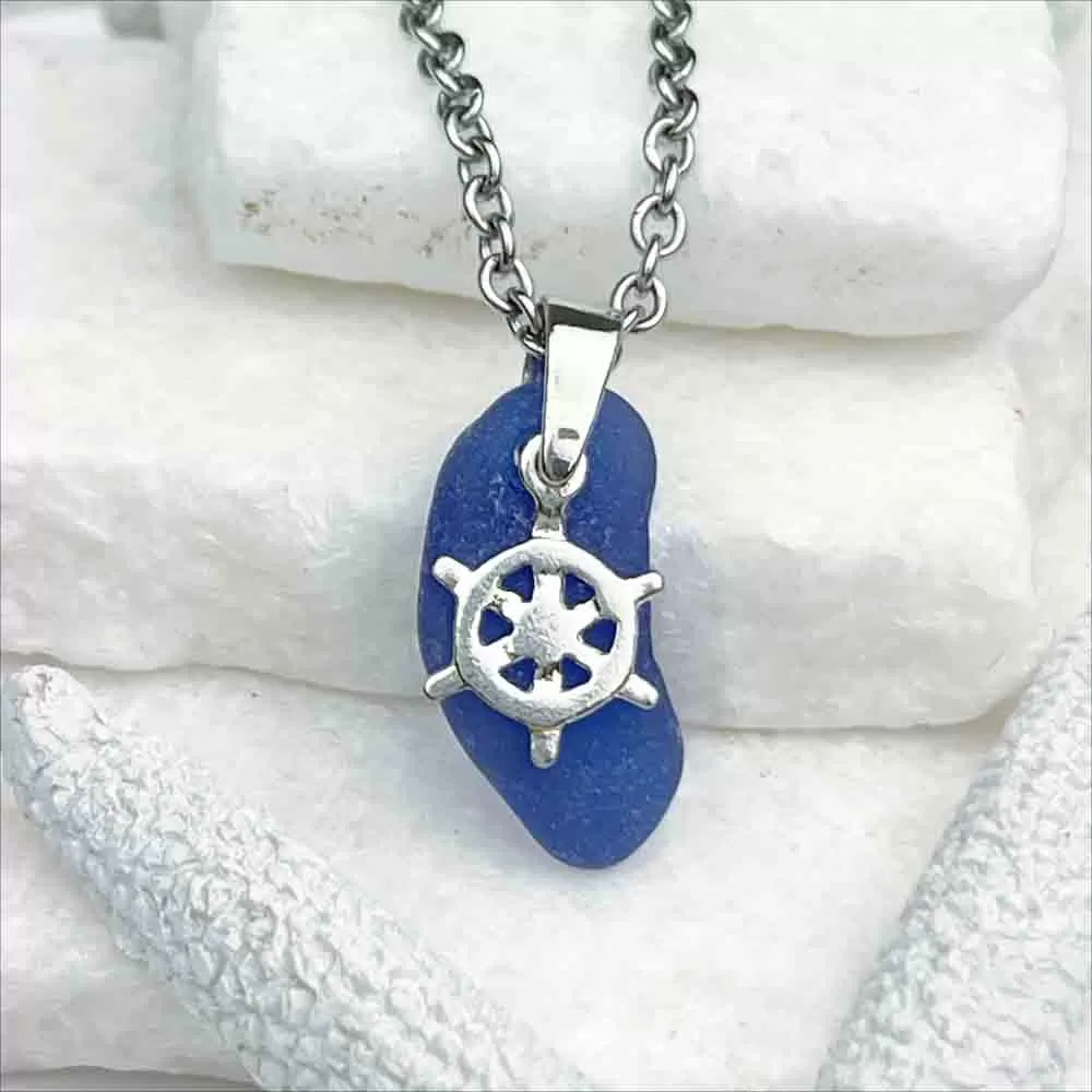 Cobalt Blue Sea Glass Pendant with Sterling Silver Ship's Wheel Charm | #5037