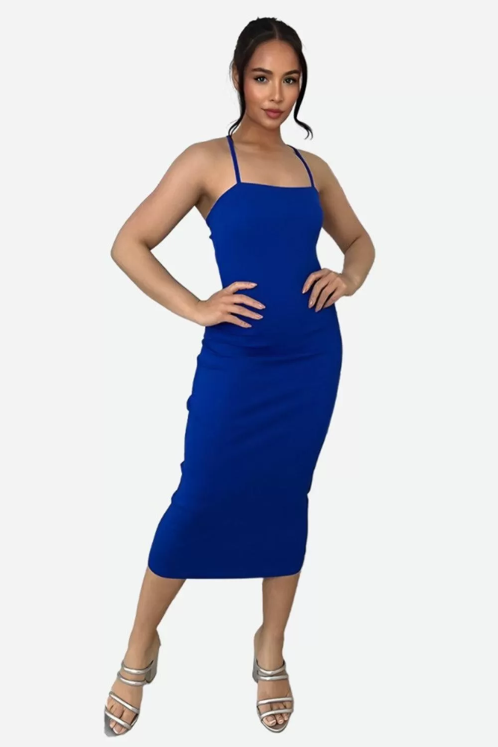 Cotton Blend Spaghetti Straps Midi Dress