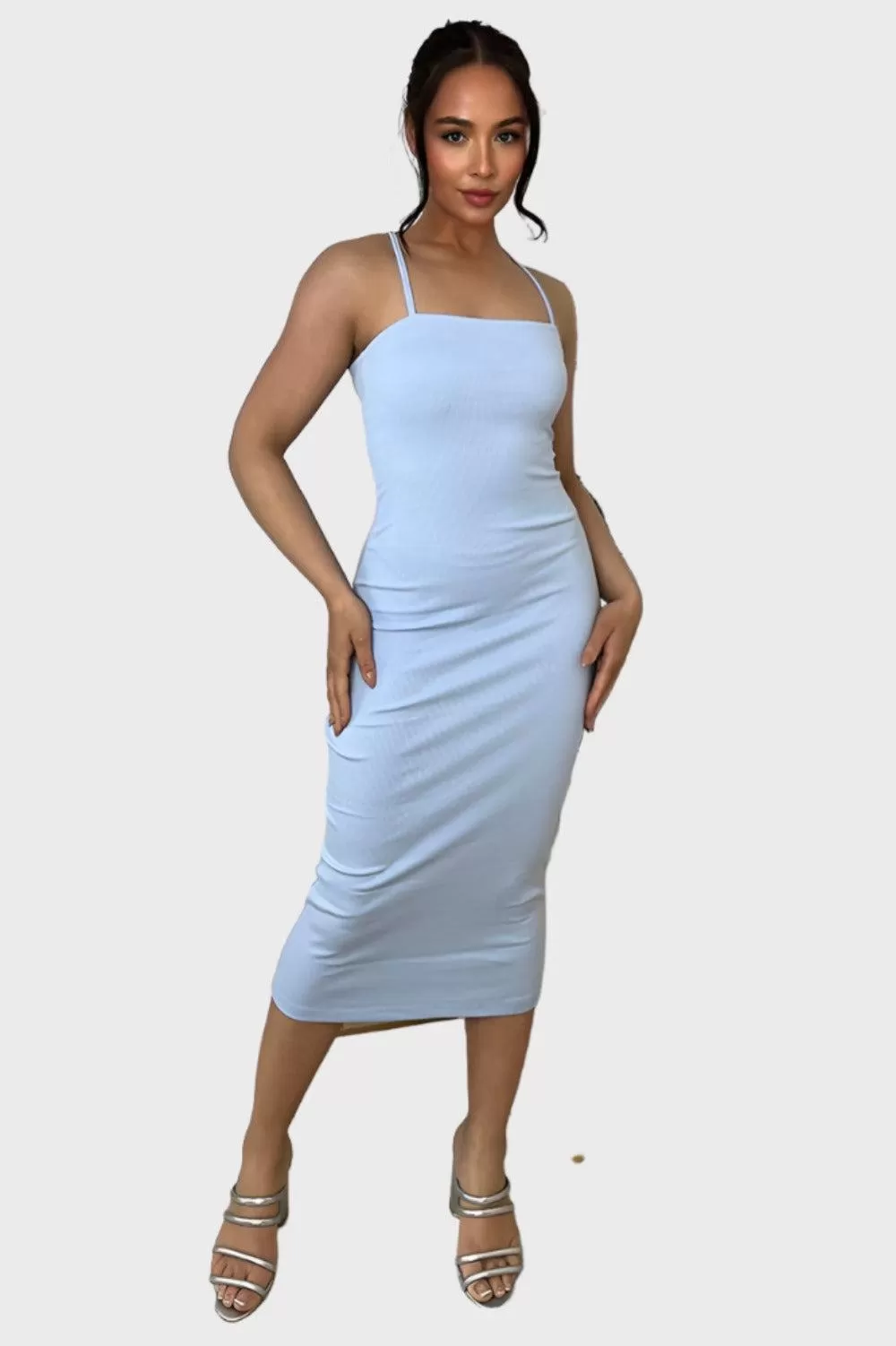 Cotton Blend Spaghetti Straps Midi Dress