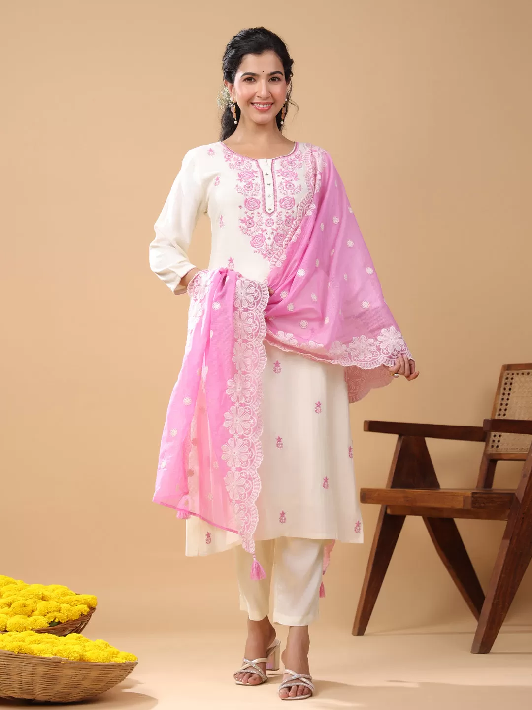 Cream Viscose Embroidered Kurta Pant Set