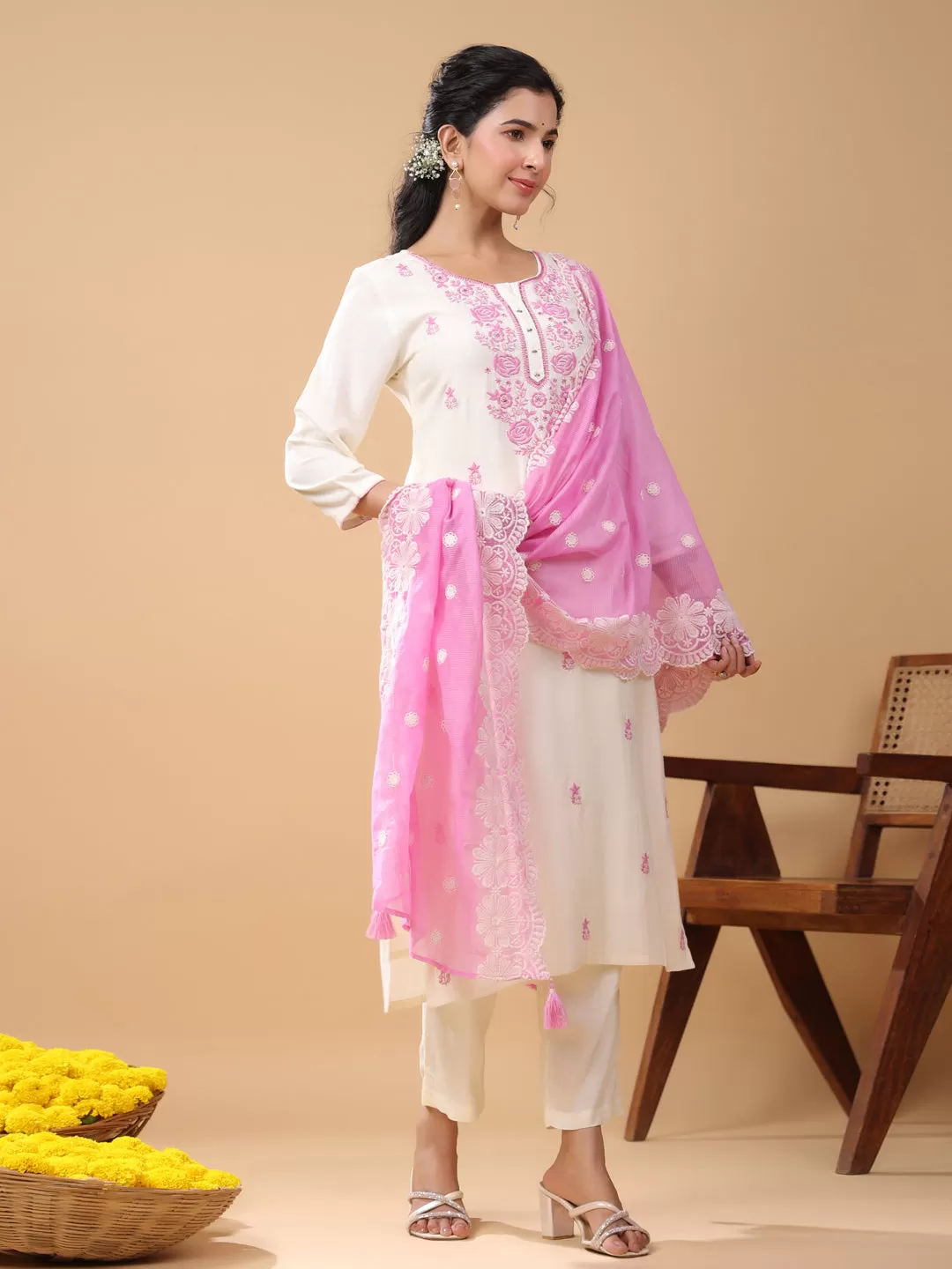 Cream Viscose Embroidered Kurta Pant Set