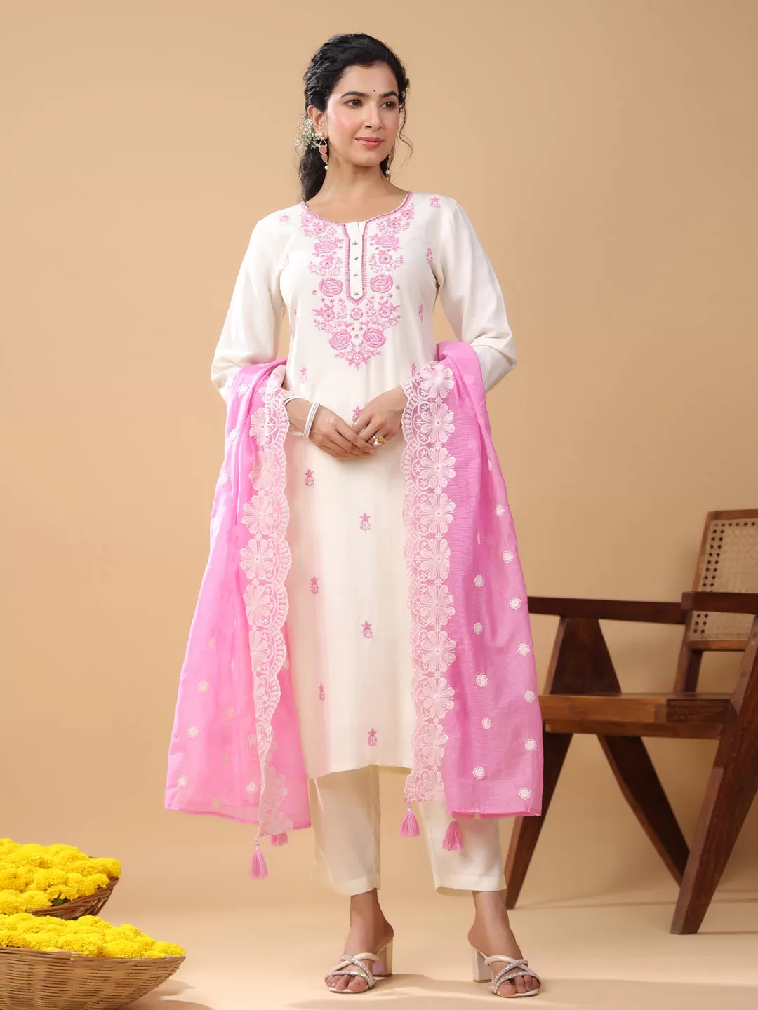 Cream Viscose Embroidered Kurta Pant Set