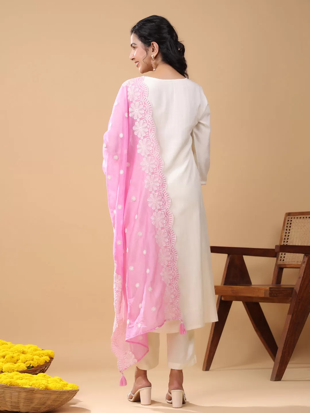 Cream Viscose Embroidered Kurta Pant Set