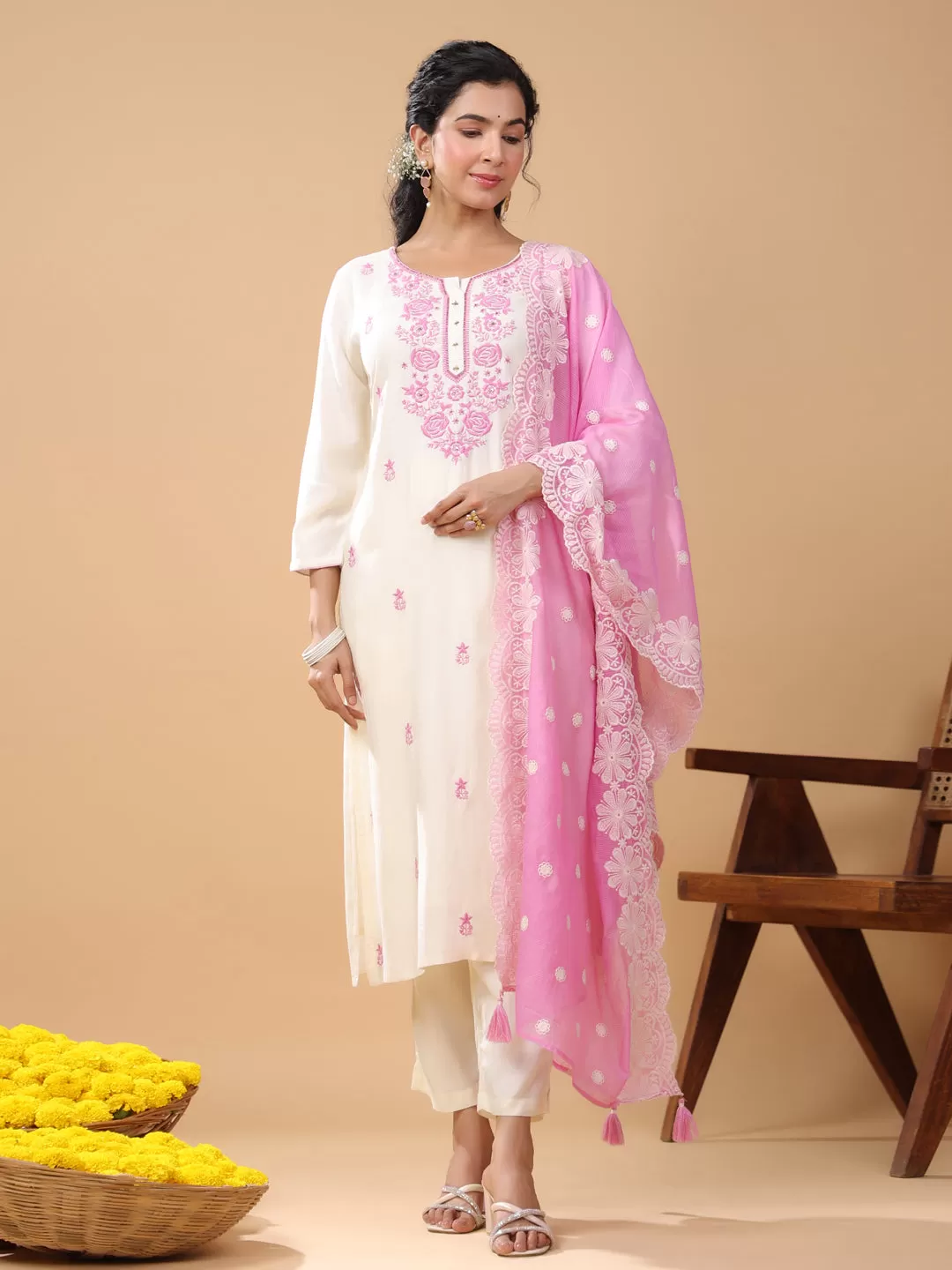 Cream Viscose Embroidered Kurta Pant Set