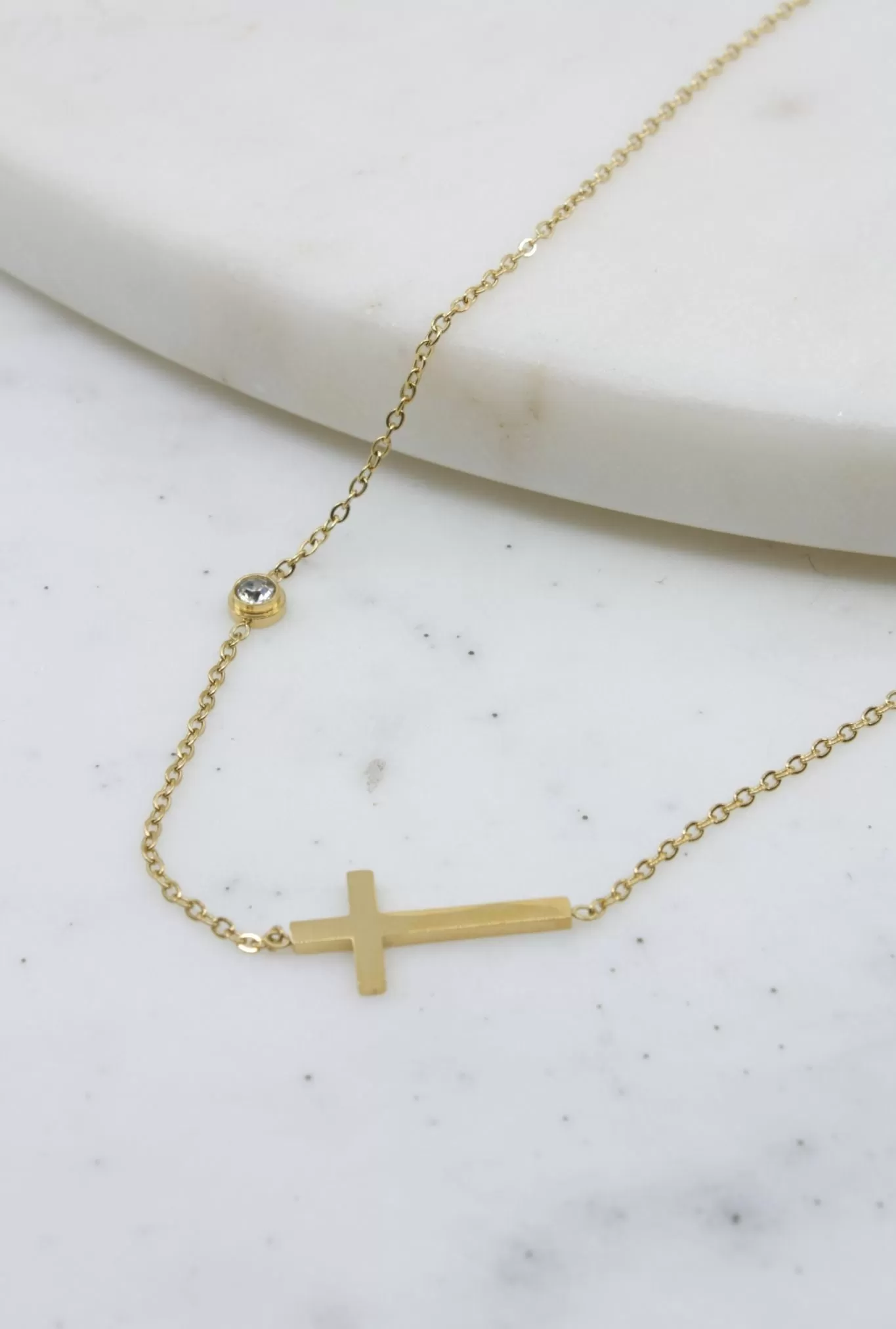 Crystal and Cross Simple Chain Necklace