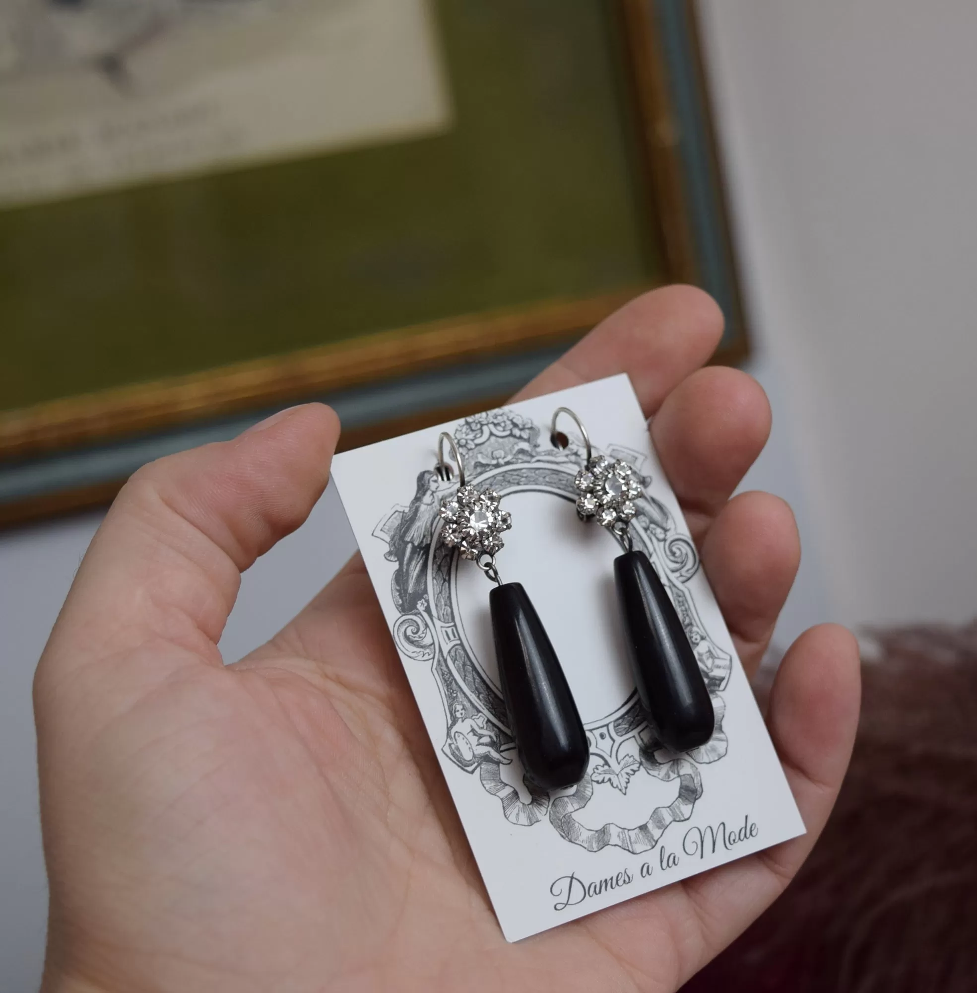 Crystal Cluster and Onyx Earrings