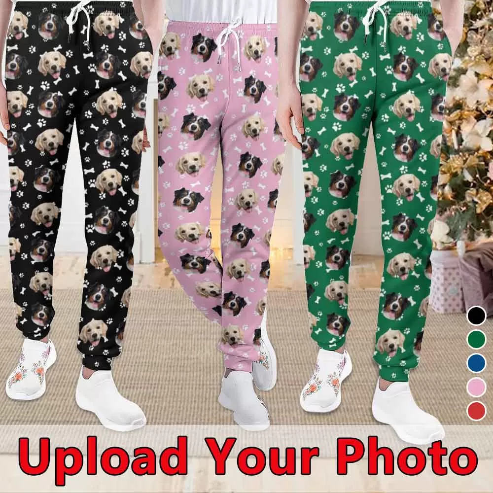 Custom Face Pet Foot Print Unisex Sweatpants for Christmas Personalized Closed Bottom Casual Joggers