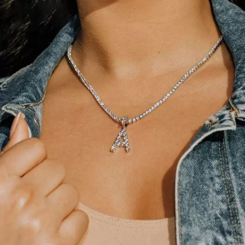 Custom Initial Letter Necklace Silver Color Tennis Chain Female Statement Bling Crystal Alphabet Necklace Jewelry