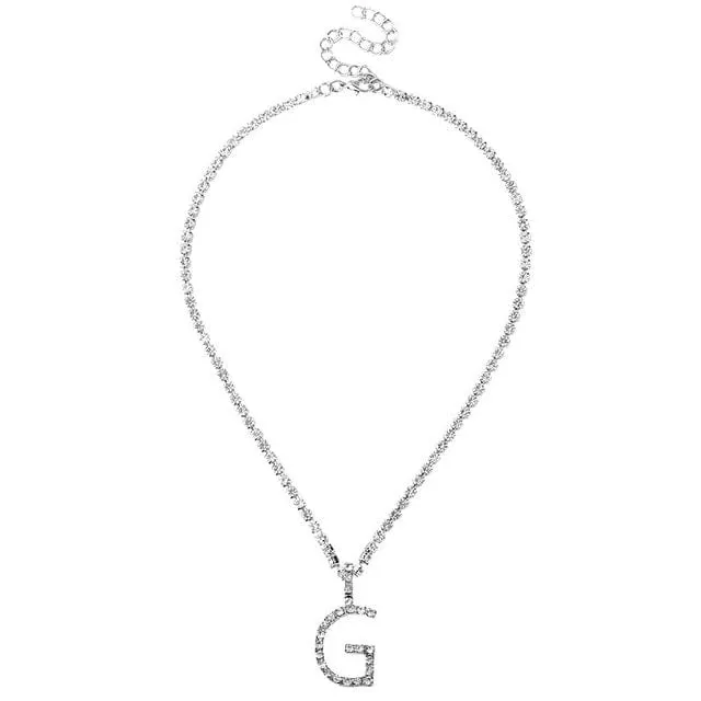 Custom Initial Letter Necklace Silver Color Tennis Chain Female Statement Bling Crystal Alphabet Necklace Jewelry