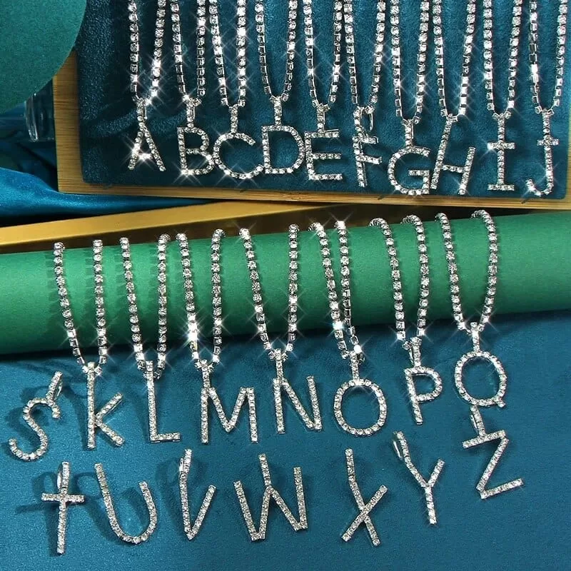 Custom Initial Letter Necklace Silver Color Tennis Chain Female Statement Bling Crystal Alphabet Necklace Jewelry