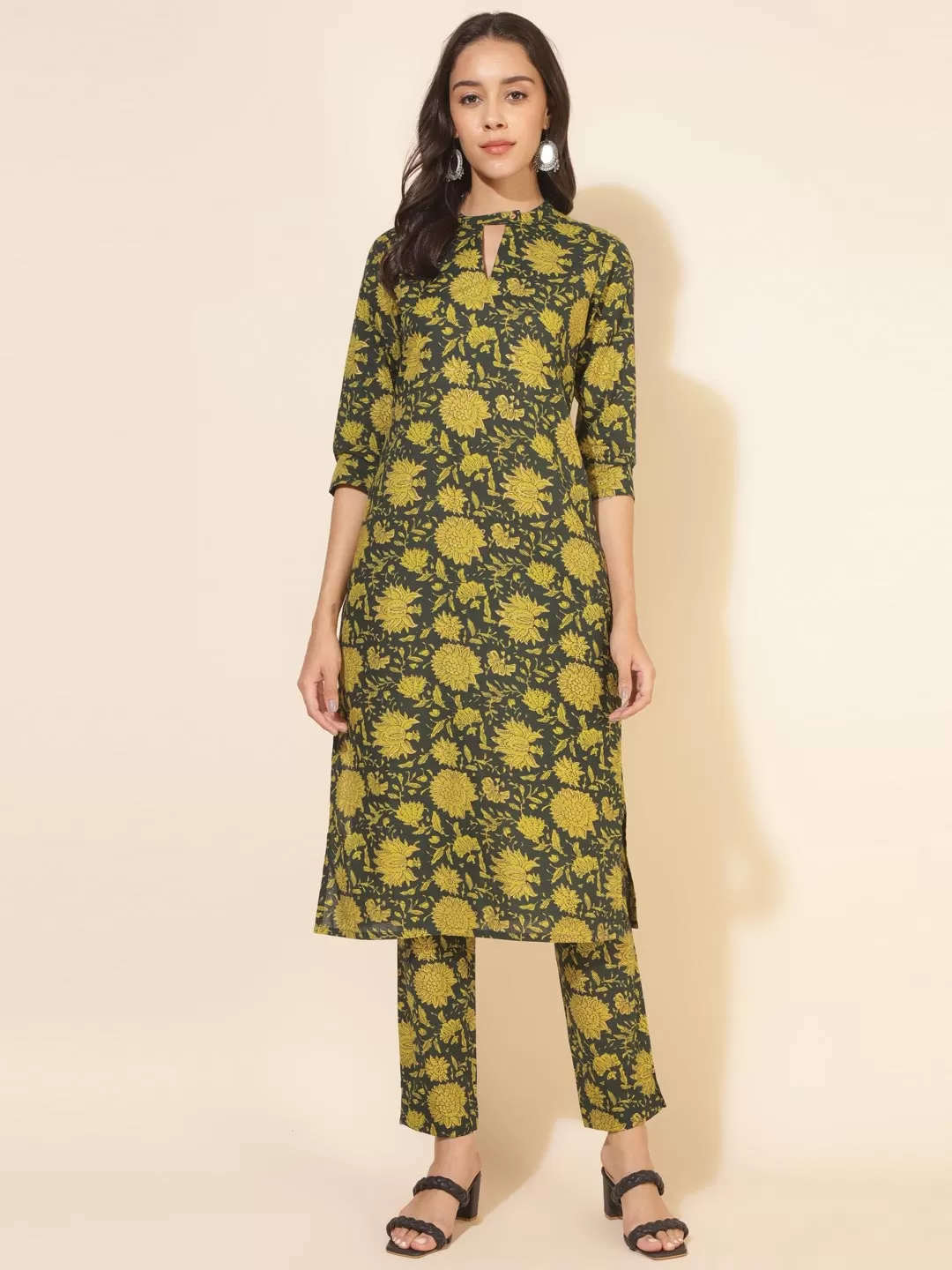 Dark Green Cotton Floral Straight Co-ord Set