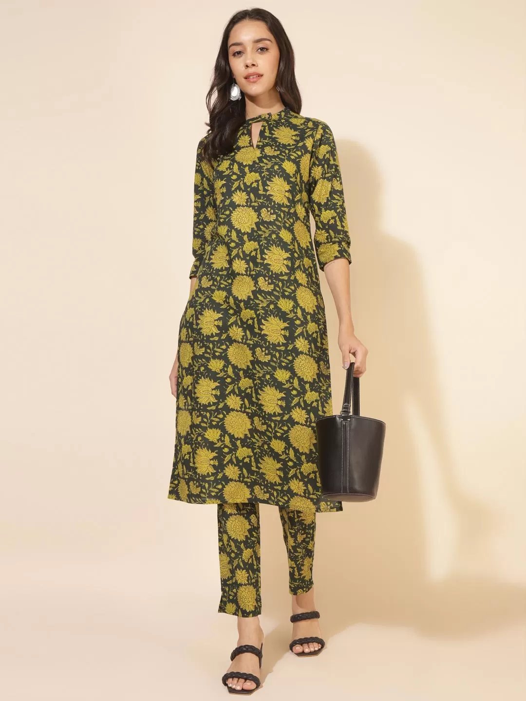 Dark Green Cotton Floral Straight Co-ord Set