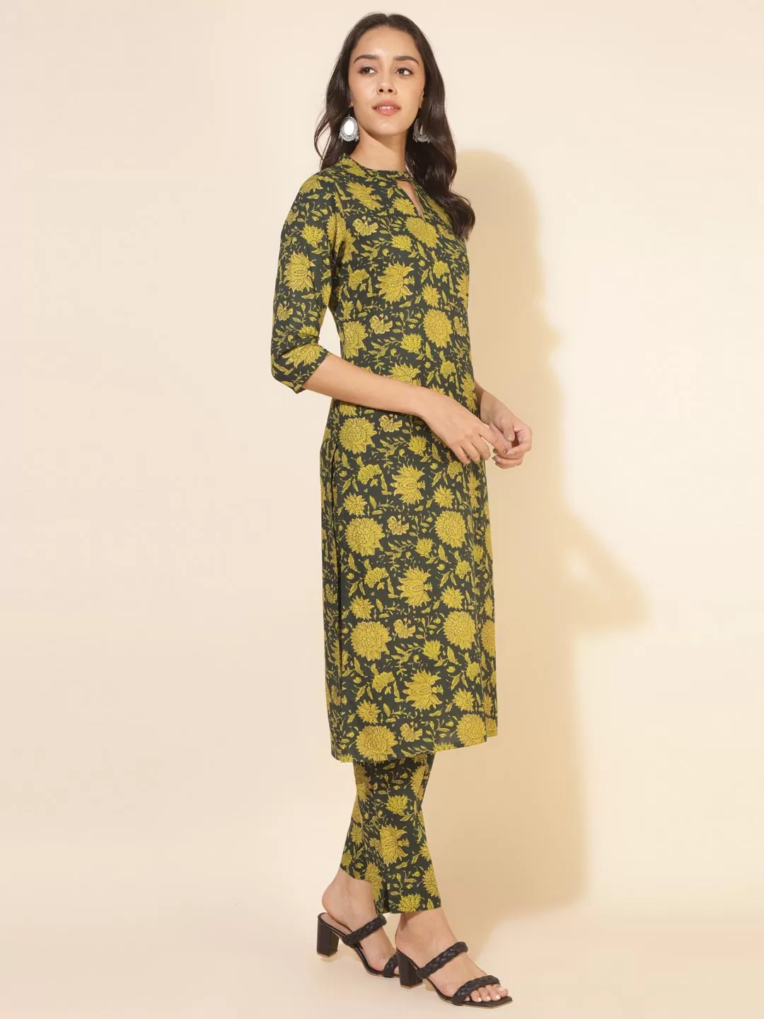 Dark Green Cotton Floral Straight Co-ord Set