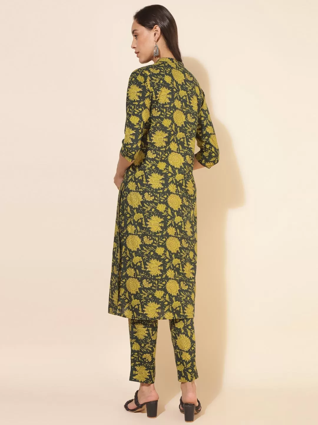 Dark Green Cotton Floral Straight Co-ord Set