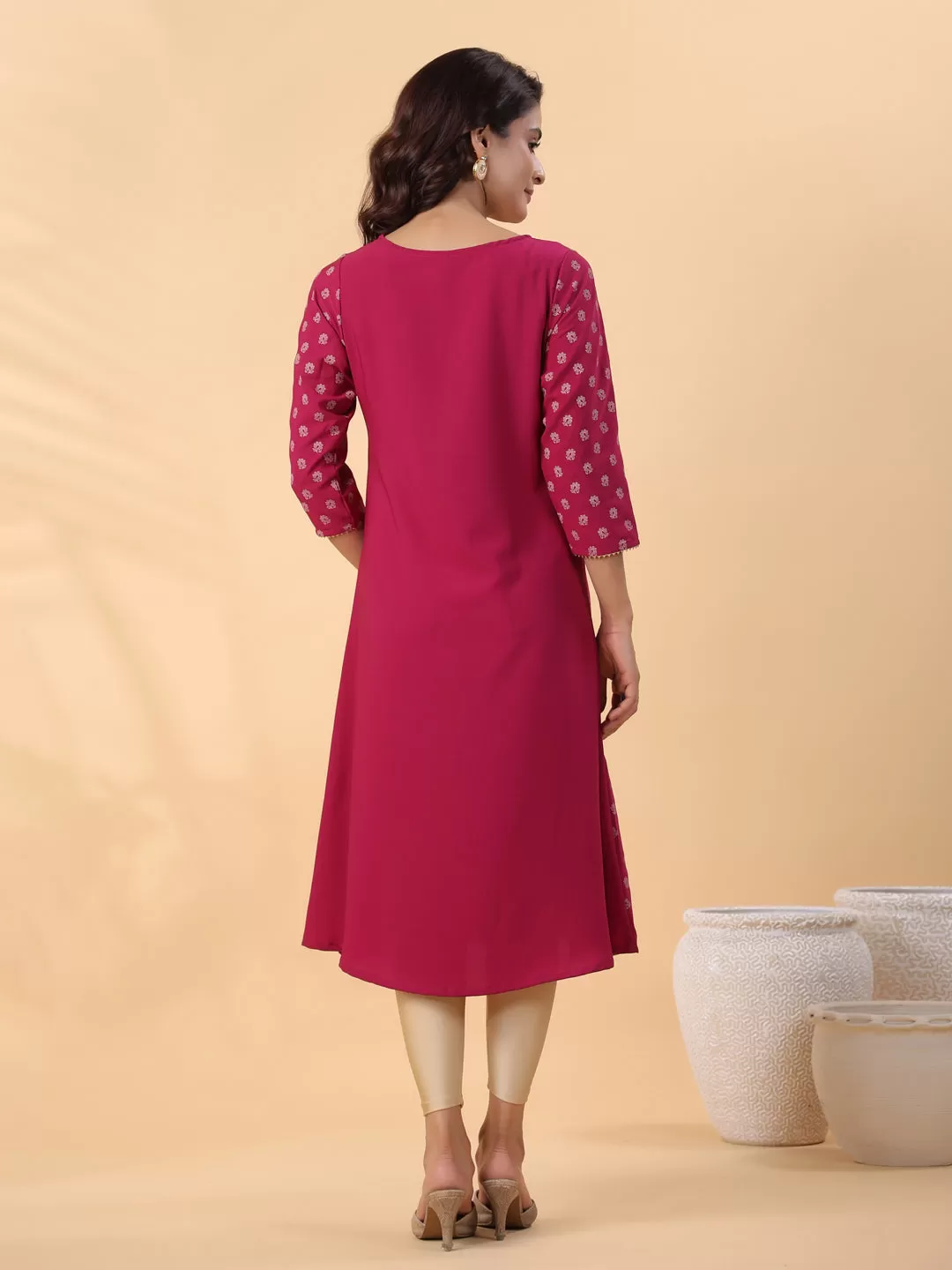 Dark Pink Crepe Floral Printed A-Line Kurta