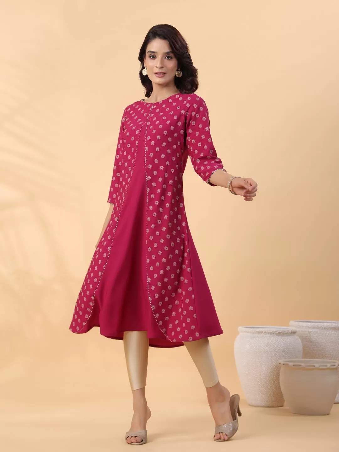 Dark Pink Crepe Floral Printed A-Line Kurta