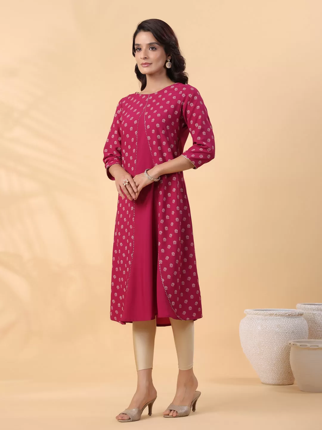 Dark Pink Crepe Floral Printed A-Line Kurta