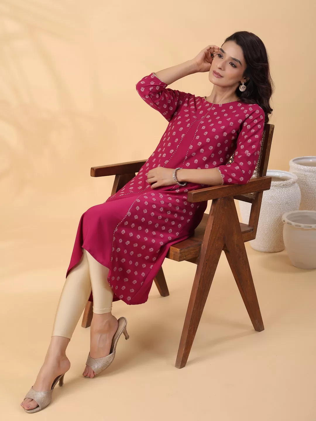 Dark Pink Crepe Floral Printed A-Line Kurta