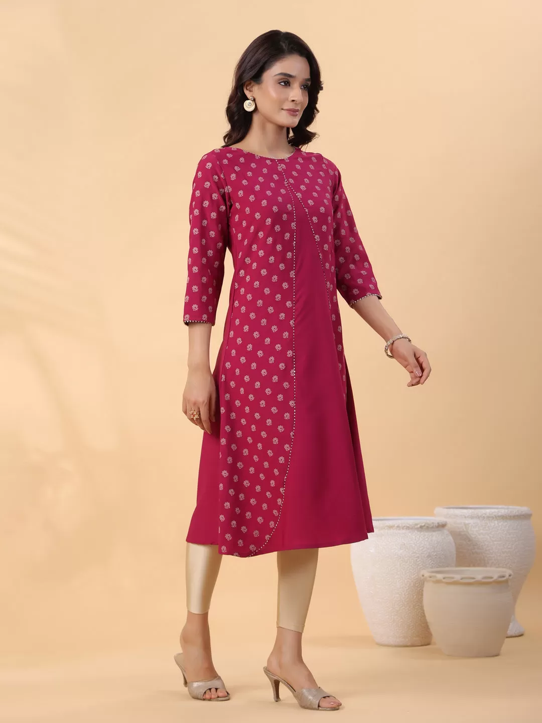 Dark Pink Crepe Floral Printed A-Line Kurta