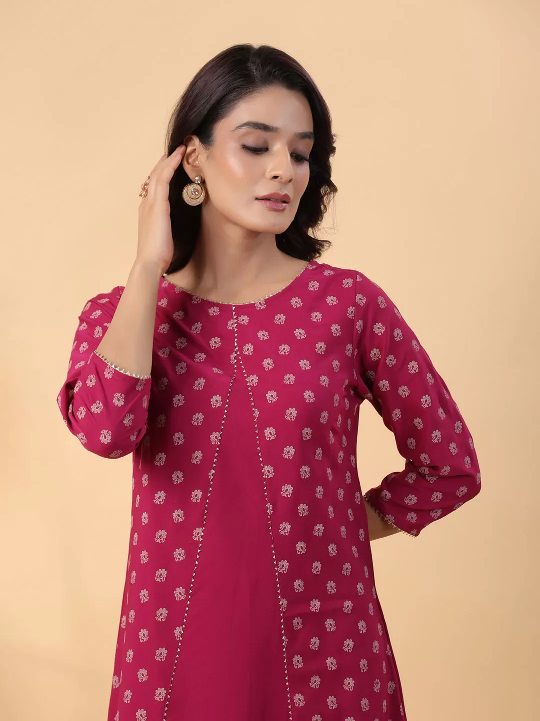 Dark Pink Crepe Floral Printed A-Line Kurta