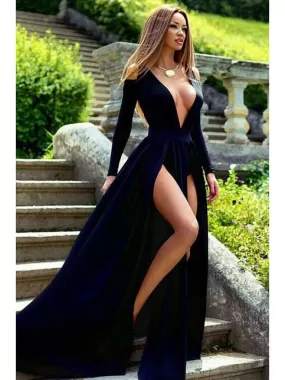 Deep V-neck Long Sleeves Side Slit Sexy Prom Dresses