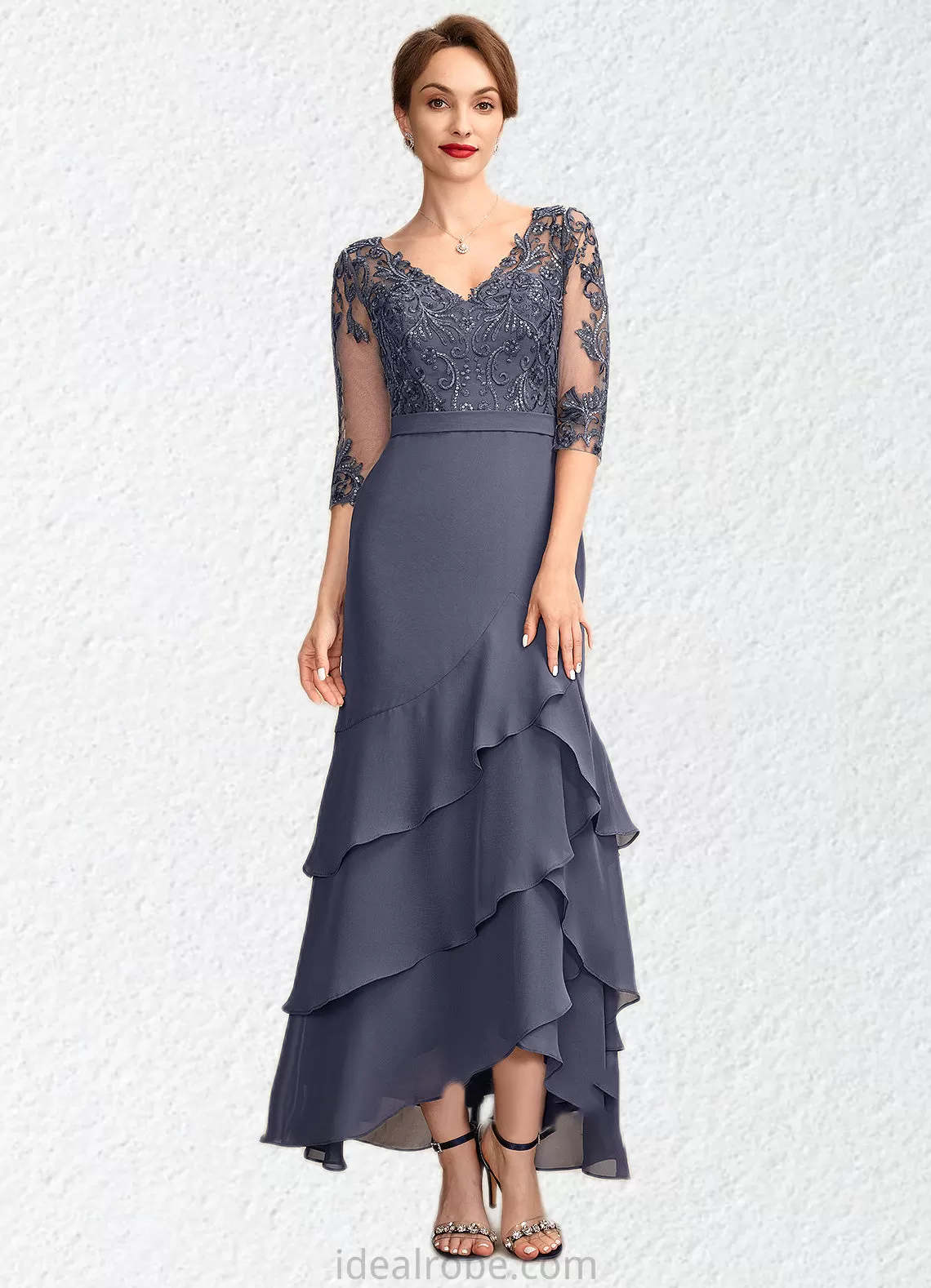 Destiny Trumpet/Mermaid V-neck Asymmetrical Chiffon Lace Mother of the Bride Dress With Sequins Cascading Ruffles STK126P0015007