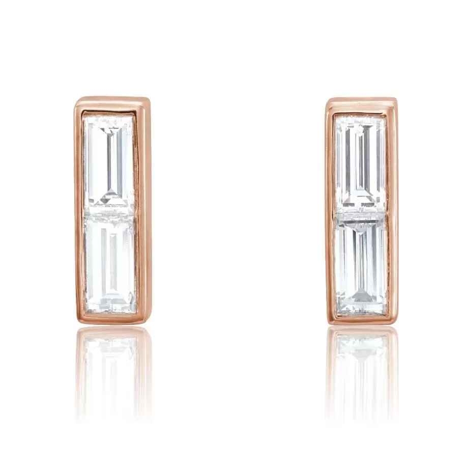 Double Baguette Diamond Bezel Set Bar Stud Earrings