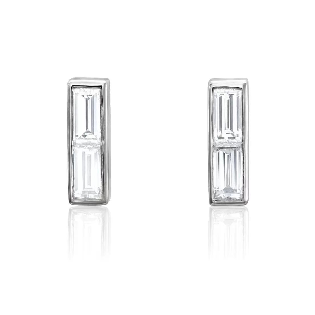 Double Baguette Diamond Bezel Set Bar Stud Earrings