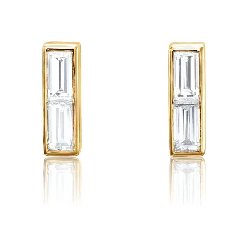 Double Baguette Diamond Bezel Set Bar Stud Earrings